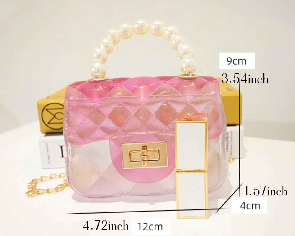 Cute Candy Color Jelly Handbag Crossbody Shoulder Bag Handle Bags Mini Transparent Crossbody with Golden Chain (Pink)