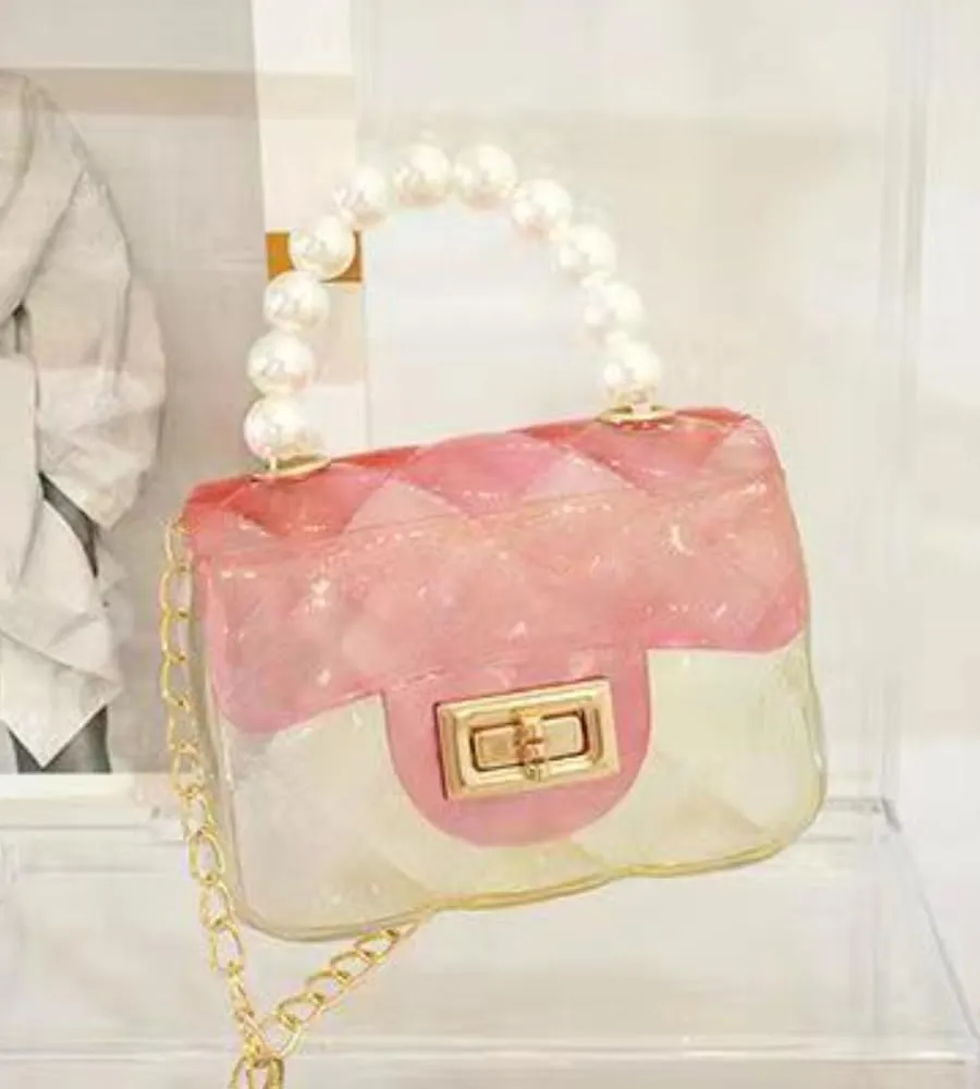 Cute Candy Color Jelly Handbag Crossbody Shoulder Bag Handle Bags Mini Transparent Crossbody with Golden Chain (Pink)