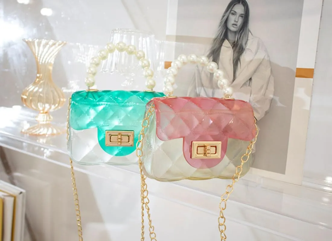 Cute Candy Color Jelly Handbag Crossbody Shoulder Bag Handle Bags Mini Transparent Crossbody with Golden Chain (Pink)