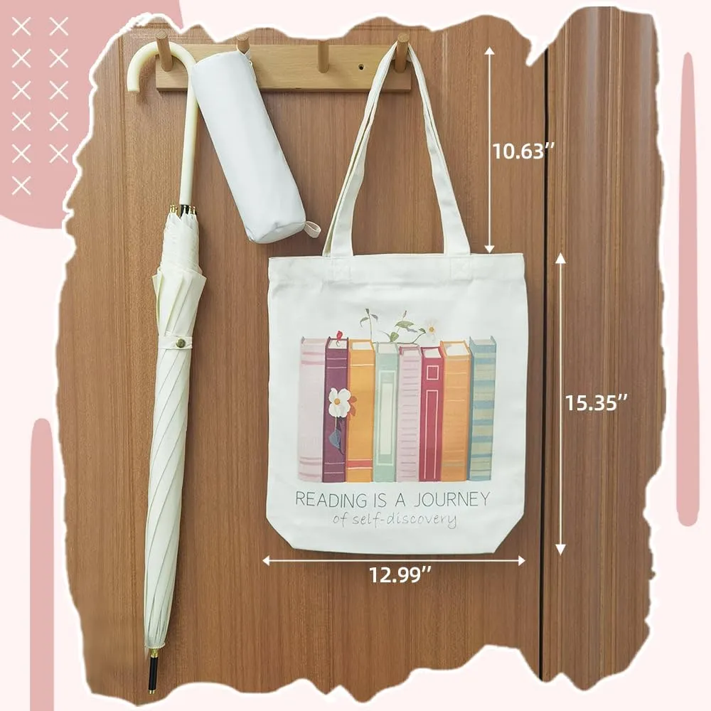 Cute Canvas Tote Bag For Book Lovers, Women Tote Bag With Pockets，Book Themed Gifts for Librarians, Bookworm,Readers