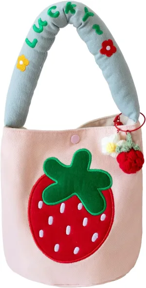 Cute Canvas Tote Bag Strawberry Bag Women Small Shoulder Handbags Funny Kawaii Tote Bags for Lunch Grocery Bag