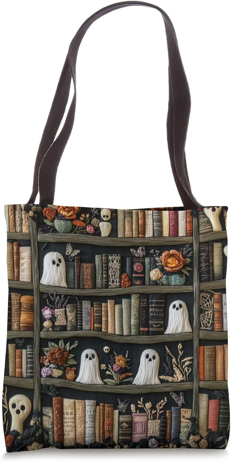 Cute Ghosts Embroidery Library Flowers Bookshelves Bookish Tote Bag