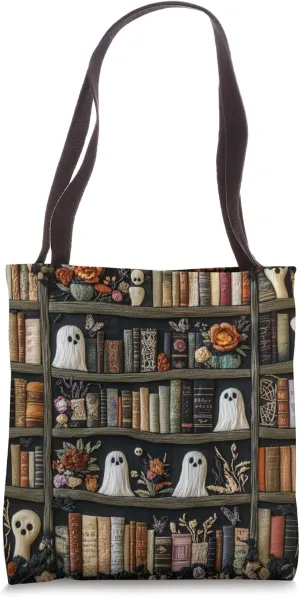 Cute Ghosts Embroidery Library Flowers Bookshelves Bookish Tote Bag