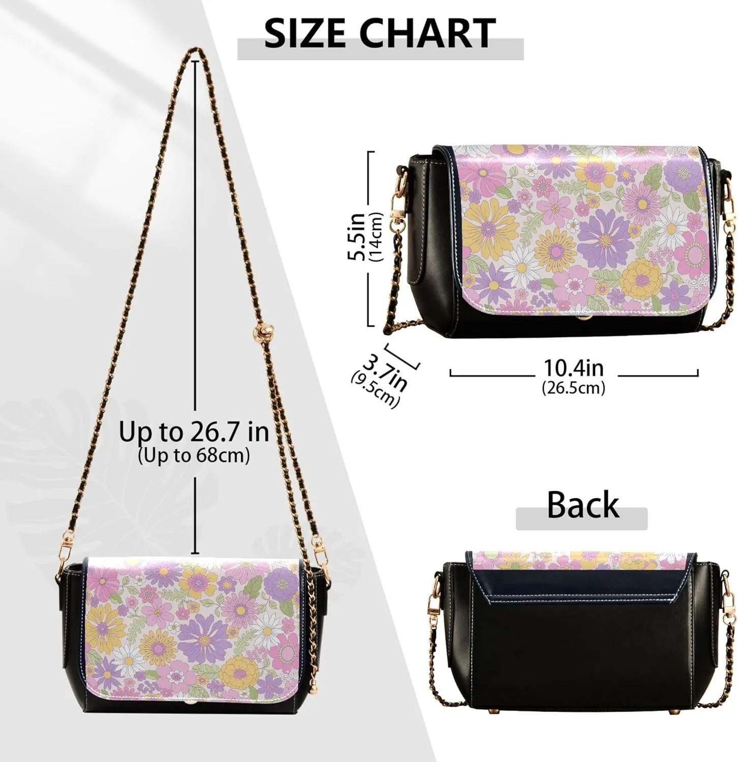 Cute Print Leather Shoulder Bags, Floral Pink Daisy Flower Women Crossbody Bag Purses Wallet Satchel with Chain Strap