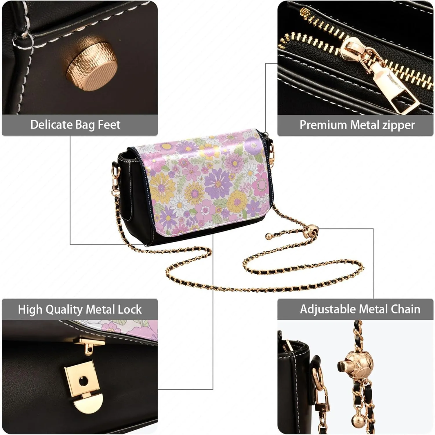 Cute Print Leather Shoulder Bags, Floral Pink Daisy Flower Women Crossbody Bag Purses Wallet Satchel with Chain Strap