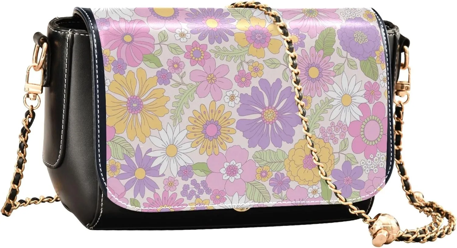 Cute Print Leather Shoulder Bags, Floral Pink Daisy Flower Women Crossbody Bag Purses Wallet Satchel with Chain Strap