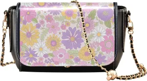 Cute Print Leather Shoulder Bags, Floral Pink Daisy Flower Women Crossbody Bag Purses Wallet Satchel with Chain Strap