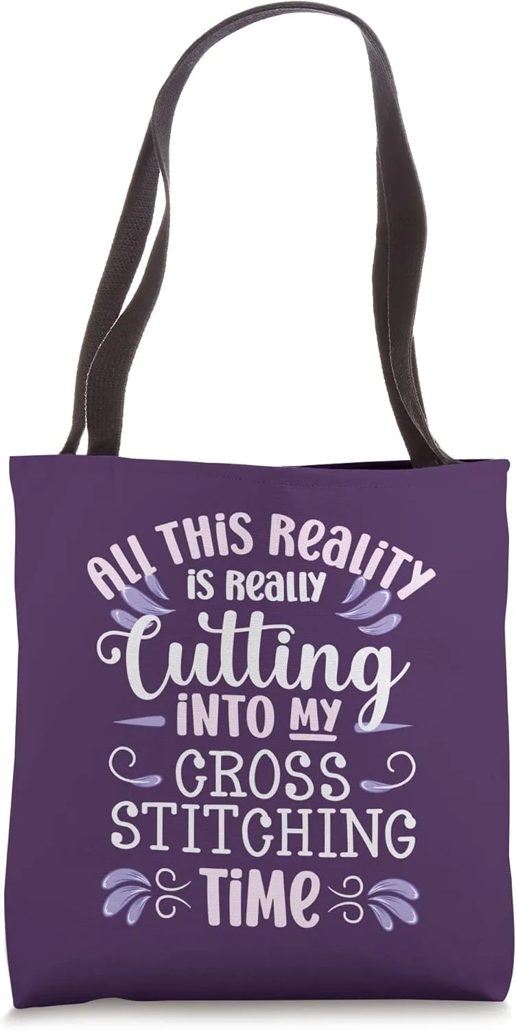 Cutting Into My Cross Stitching Time Funny Needlework Hobby Tote Bag