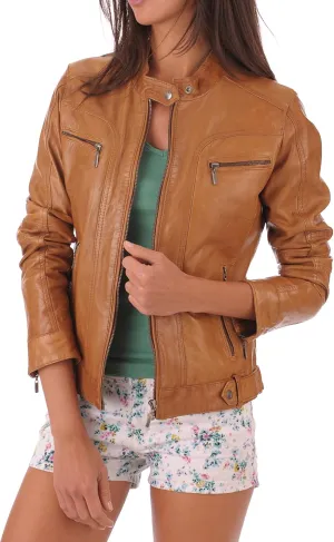 D DOLLY LAMB Women's Lambskin Leather Jacket, Stylish Round Collar, Slim Fit & Quilted - Winter Casual Wear Moto Biker Jacket
