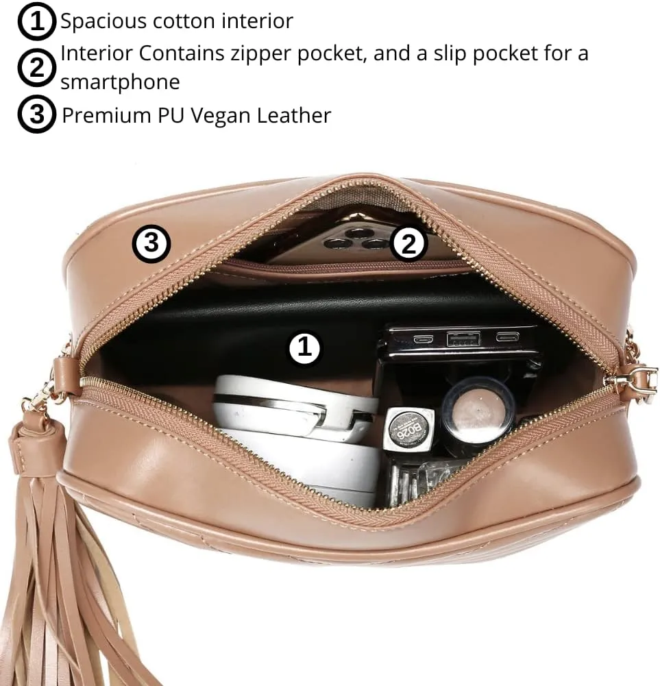 Daisy Rose Quilted Shoulder Cross Body Bag & Detachable Tassel, PU Vegan Leather