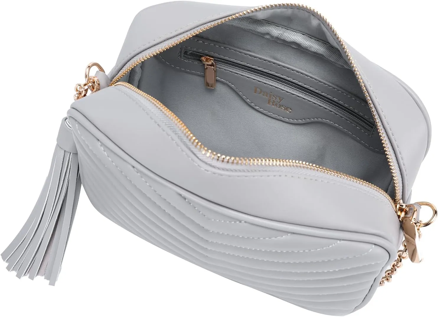 Daisy Rose Quilted Shoulder Cross Body Bag & Detachable Tassel, PU Vegan Leather