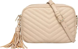 Daisy Rose Quilted Shoulder Cross Body Bag & Detachable Tassel, PU Vegan Leather