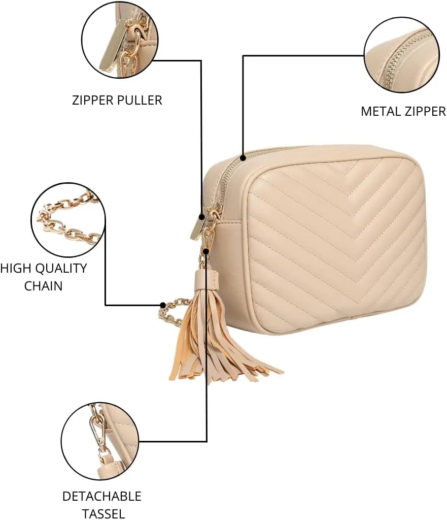 Daisy Rose Quilted Shoulder Cross Body Bag & Detachable Tassel, PU Vegan Leather