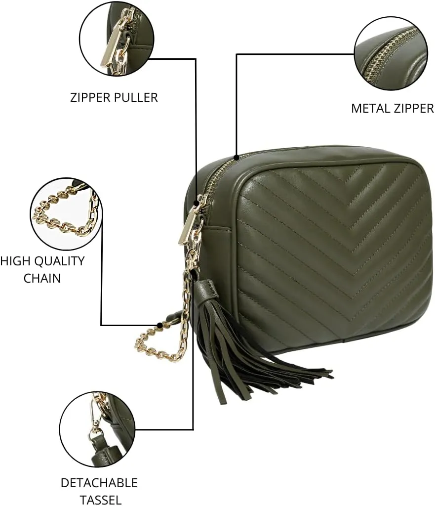 Daisy Rose Quilted Shoulder Cross Body Bag & Detachable Tassel, PU Vegan Leather