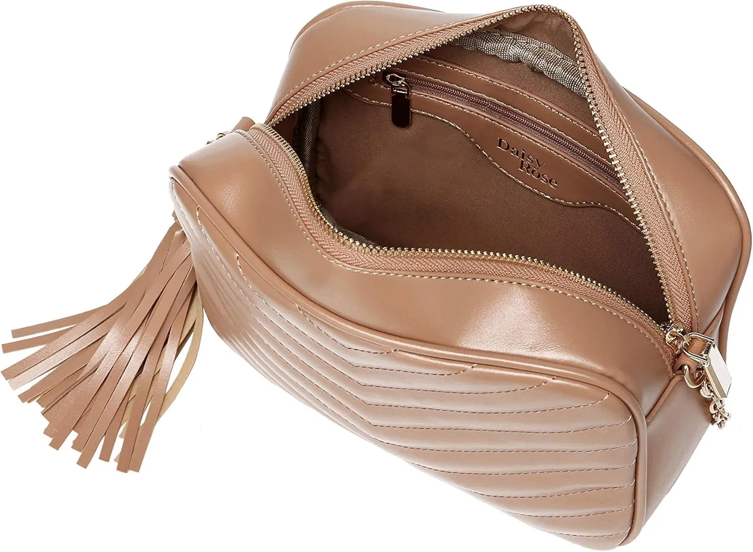 Daisy Rose Quilted Shoulder Cross Body Bag & Detachable Tassel, PU Vegan Leather