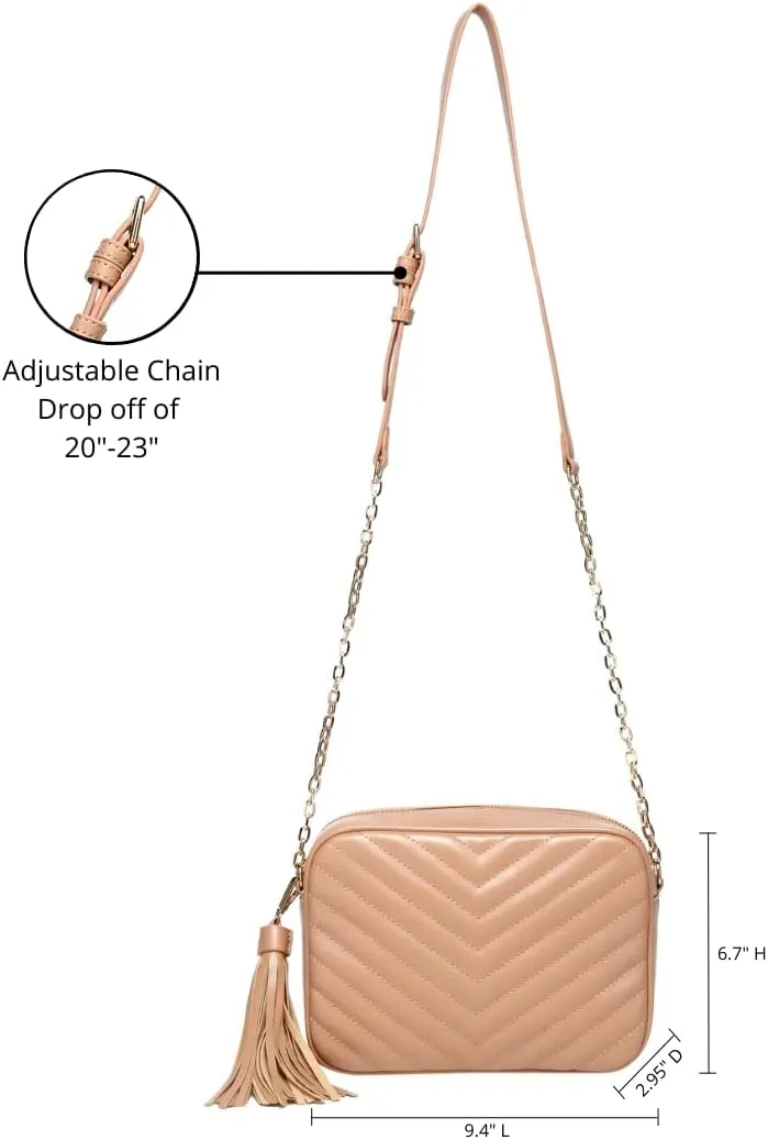 Daisy Rose Quilted Shoulder Cross Body Bag & Detachable Tassel, PU Vegan Leather
