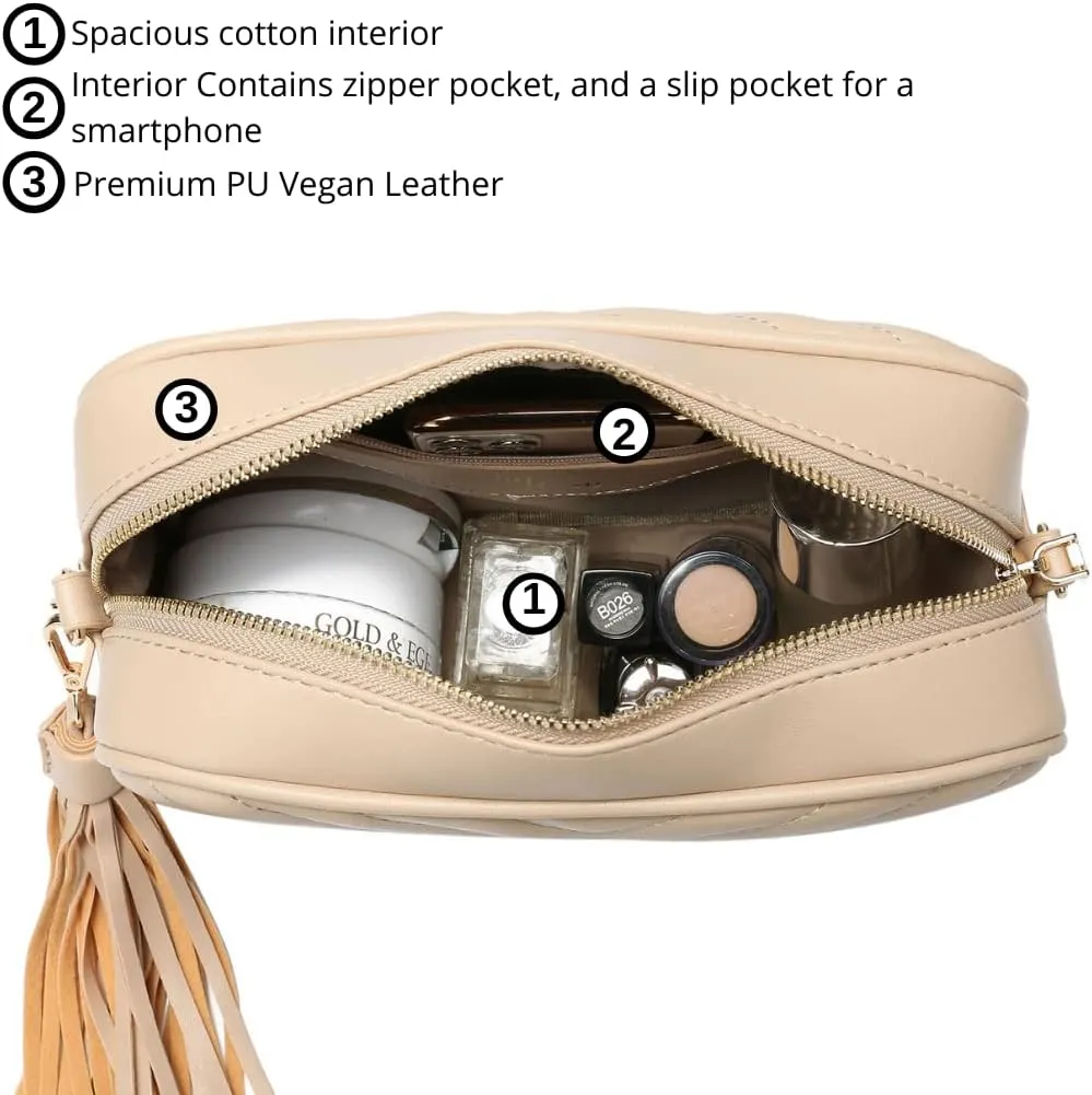 Daisy Rose Quilted Shoulder Cross Body Bag & Detachable Tassel, PU Vegan Leather
