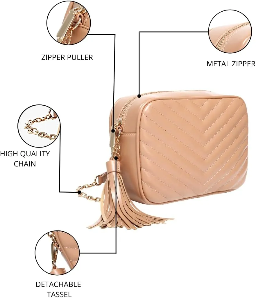 Daisy Rose Quilted Shoulder Cross Body Bag & Detachable Tassel, PU Vegan Leather