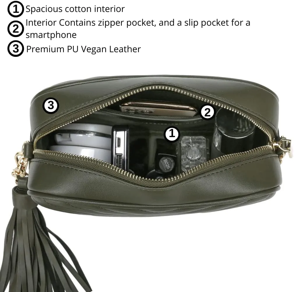 Daisy Rose Quilted Shoulder Cross Body Bag & Detachable Tassel, PU Vegan Leather