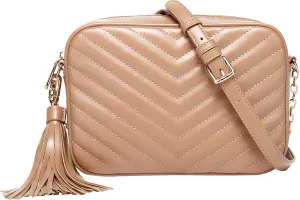 Daisy Rose Quilted Shoulder Cross Body Bag & Detachable Tassel, PU Vegan Leather