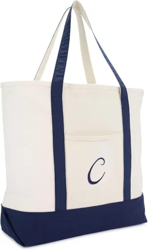 DALIX Monogram Tote Bag Personalized Navy Blue Initial A-Z