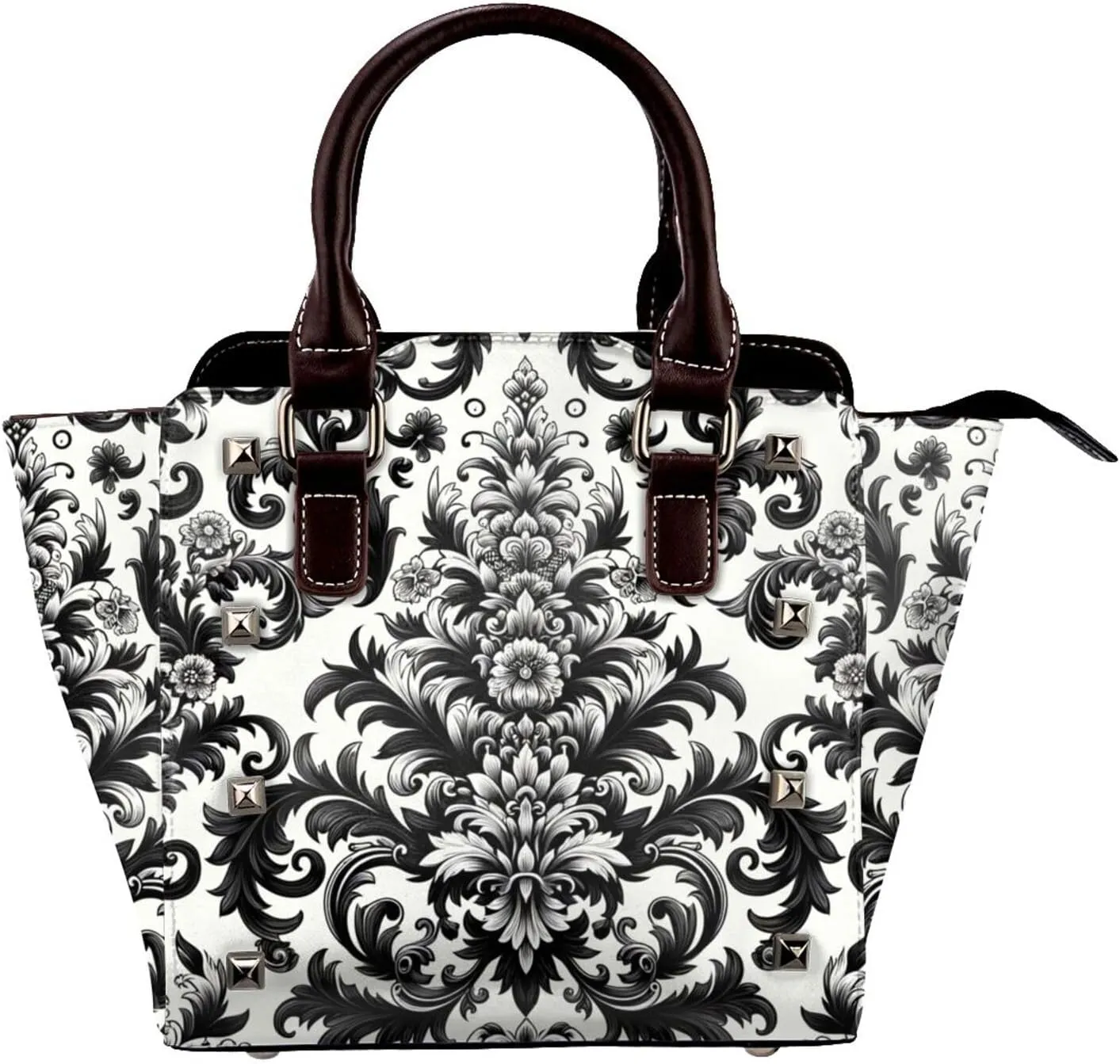 Damask-Black-White-Ornament Pu Leather Crossbody Studded Bag, Fashionable Shoulder Handbag With Detachable Shoulder Strap