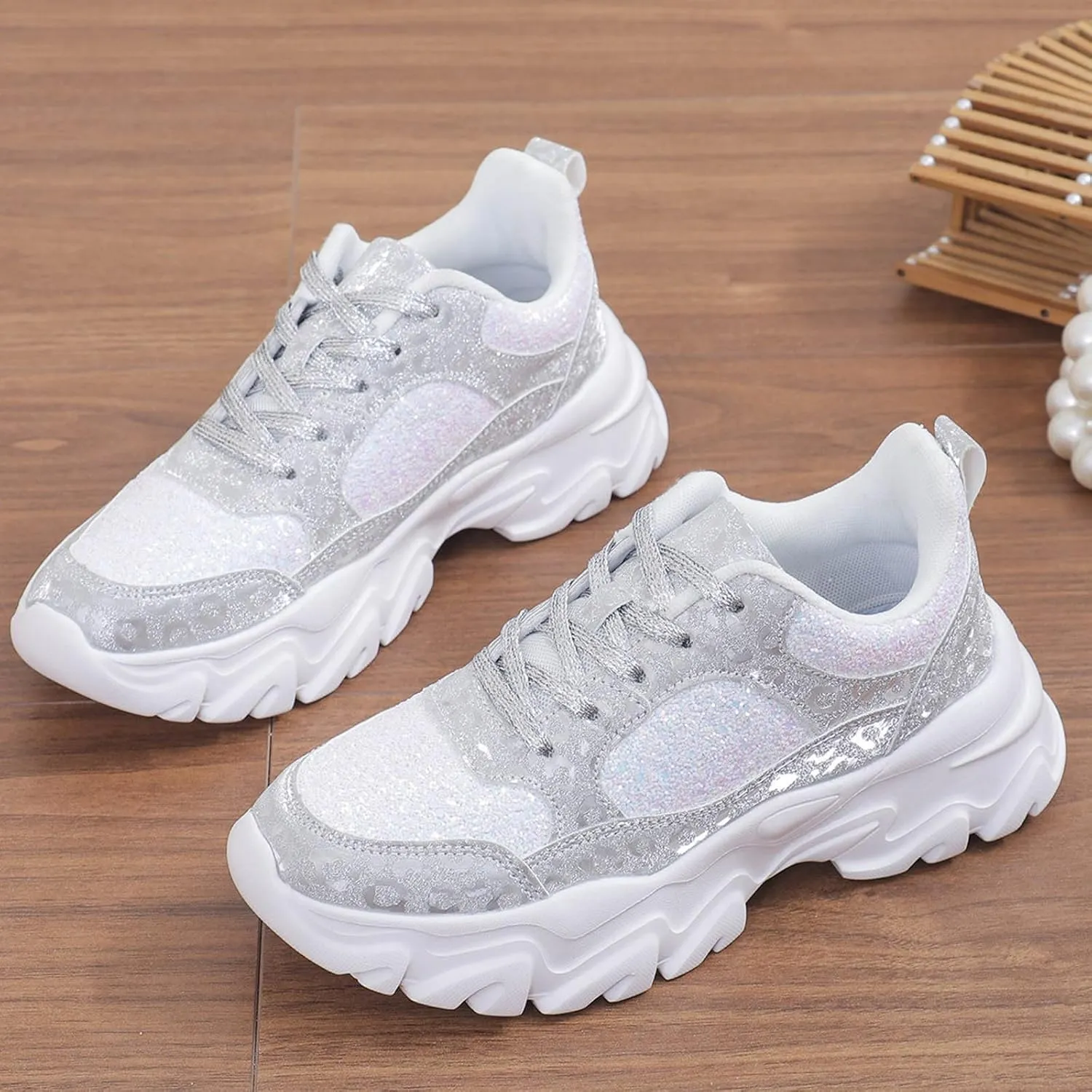 Damen Pailletten Sneakers Plateau Trainer Schuhe Walkingschuhe Freizeitschuhe Atmungsaktiv Indoor Soccer Shoes Women 6