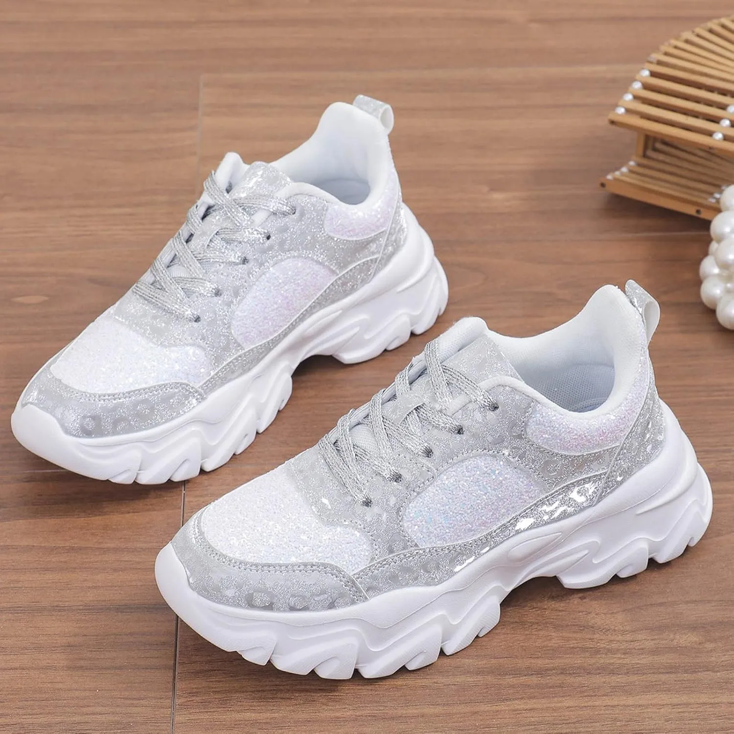 Damen Pailletten Sneakers Plateau Trainer Schuhe Walkingschuhe Freizeitschuhe Atmungsaktiv Indoor Soccer Shoes Women 6
