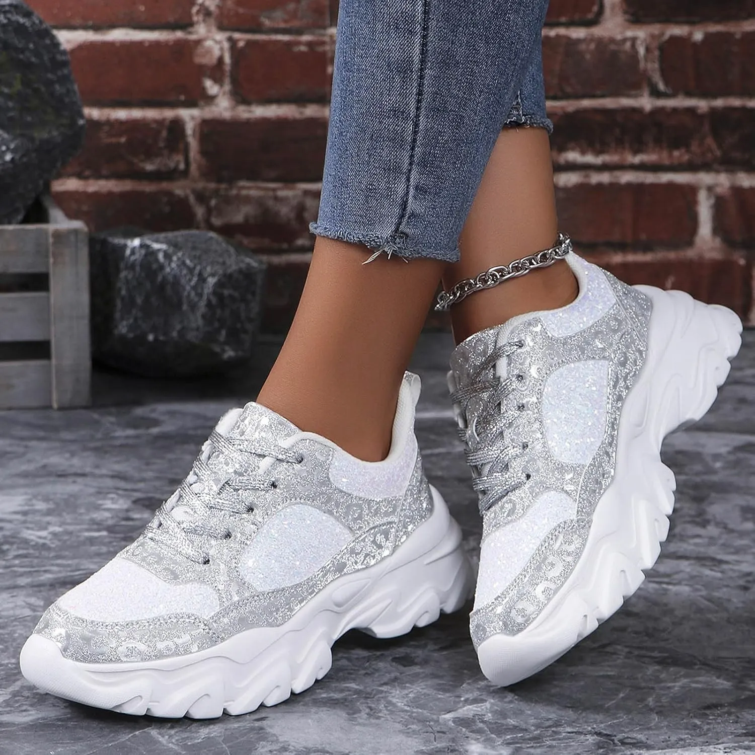 Damen Pailletten Sneakers Plateau Trainer Schuhe Walkingschuhe Freizeitschuhe Atmungsaktiv Indoor Soccer Shoes Women 6