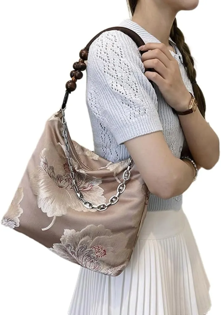 Delicate Nylon Embroidered Handbag Traditional Chinese Underarm Purse Craftsmanship Soft Fabric Shoulder Bag