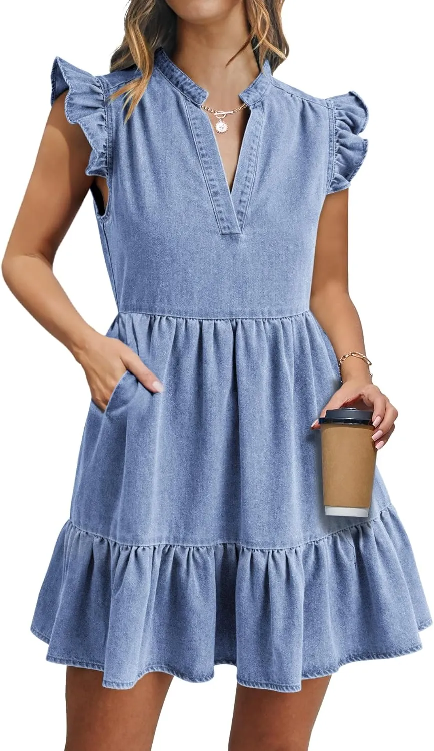 Denim Dress for Women Ruffle Short Sleeve V Neck Jean Mini Dress with Pockets