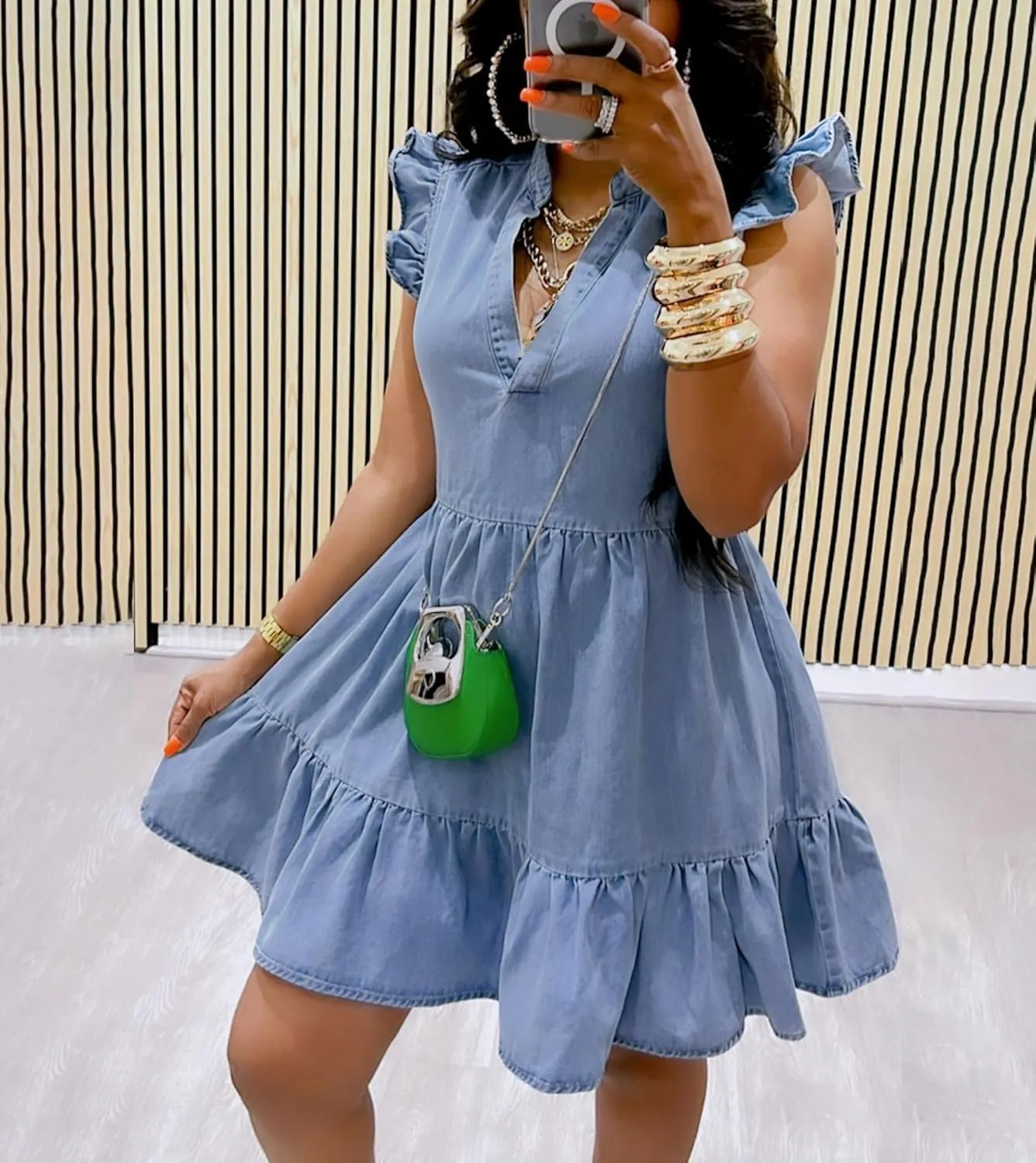 Denim Dress for Women Ruffle Short Sleeve V Neck Jean Mini Dress with Pockets