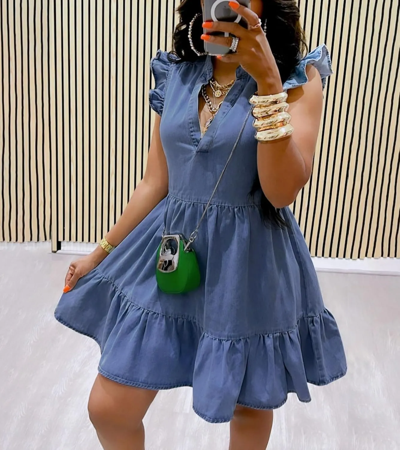 Denim Dress for Women Ruffle Short Sleeve V Neck Jean Mini Dress with Pockets