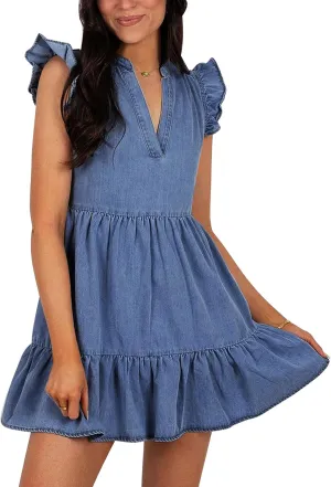 Denim Dress for Women Ruffle Short Sleeve V Neck Jean Mini Dress with Pockets