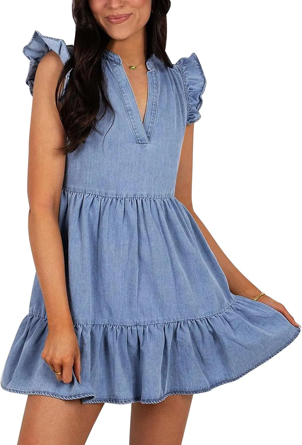 Denim Dress for Women Ruffle Short Sleeve V Neck Jean Mini Dress with Pockets