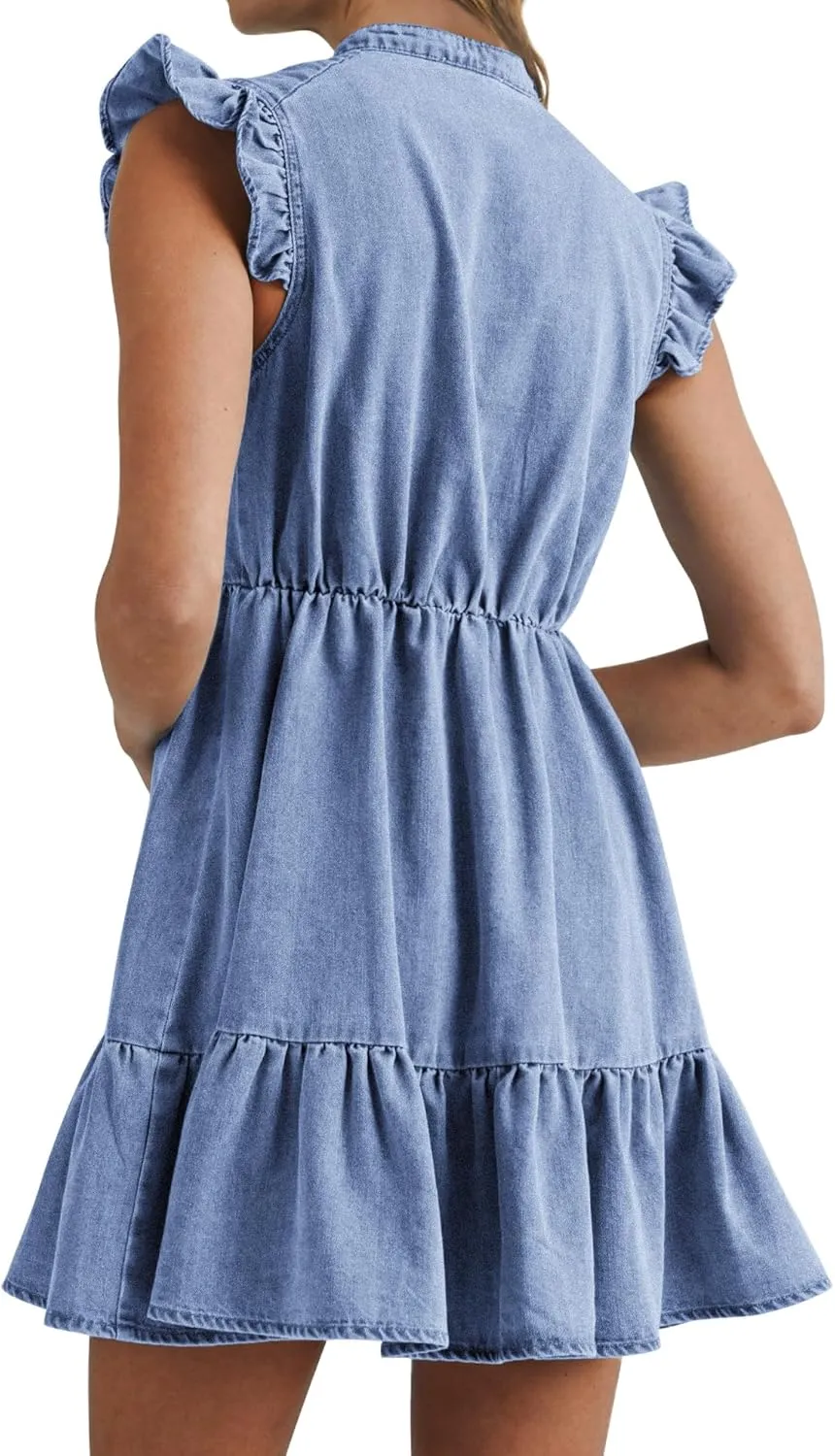 Denim Dress for Women Ruffle Short Sleeve V Neck Jean Mini Dress with Pockets