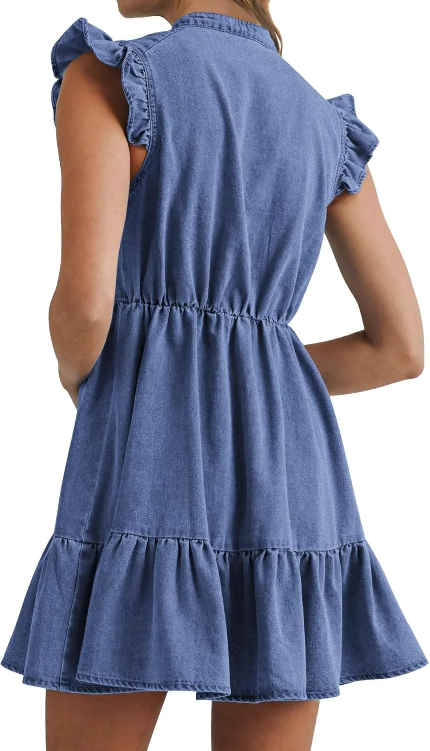 Denim Dress for Women Ruffle Short Sleeve V Neck Jean Mini Dress with Pockets