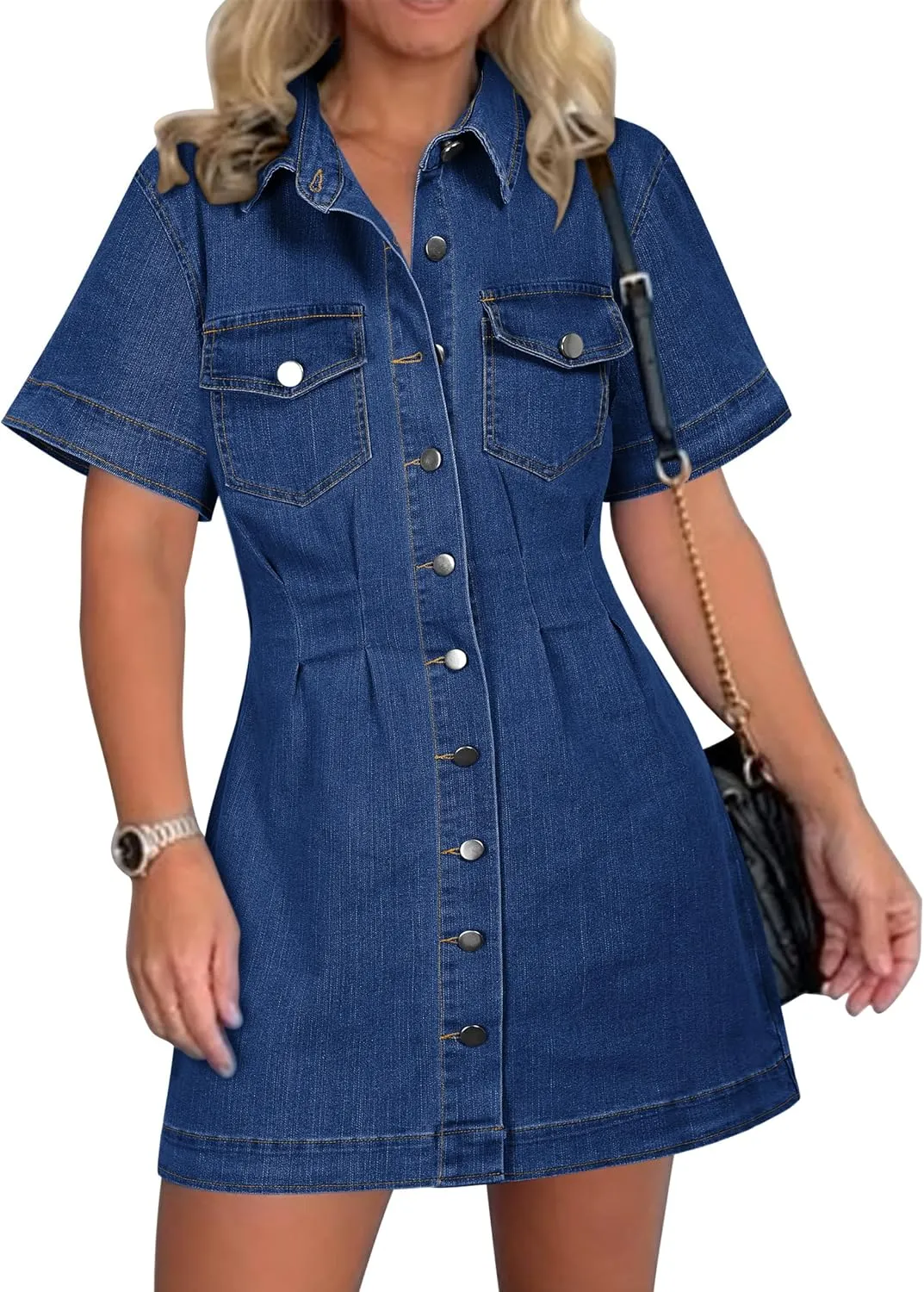 Denim Shirt Dress for Women Short Sleeve, Jean Stretch Button Down Dresses for Summer