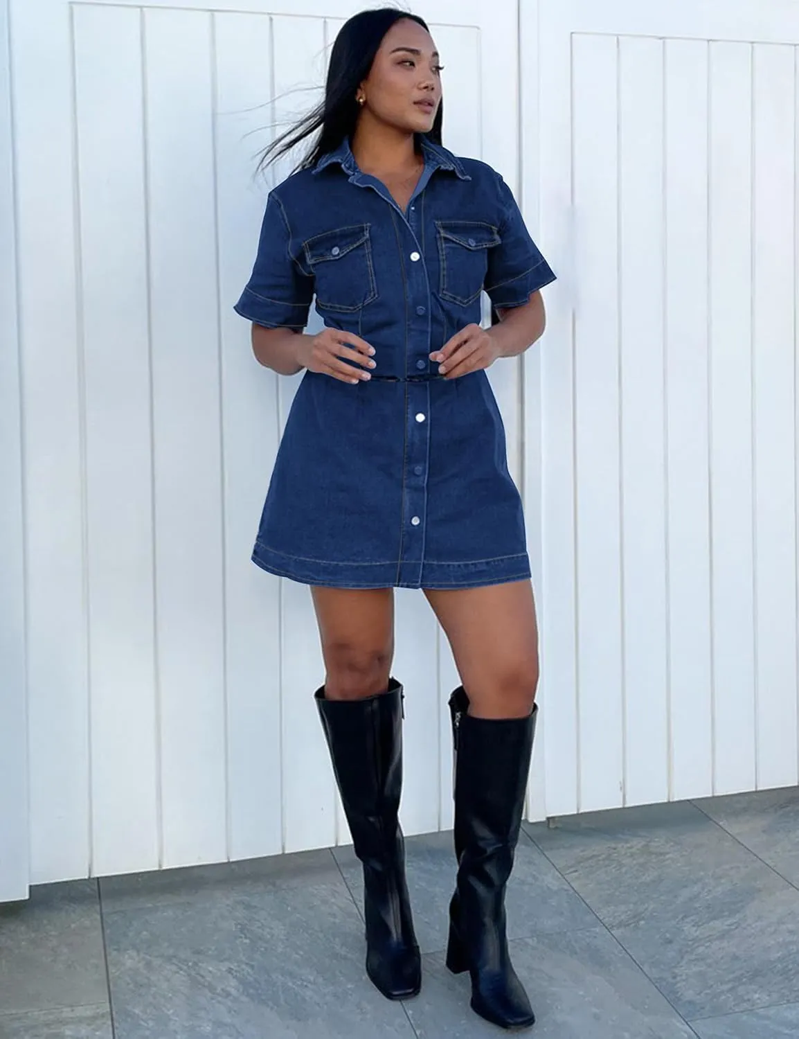 Denim Shirt Dress for Women Short Sleeve, Jean Stretch Button Down Dresses for Summer