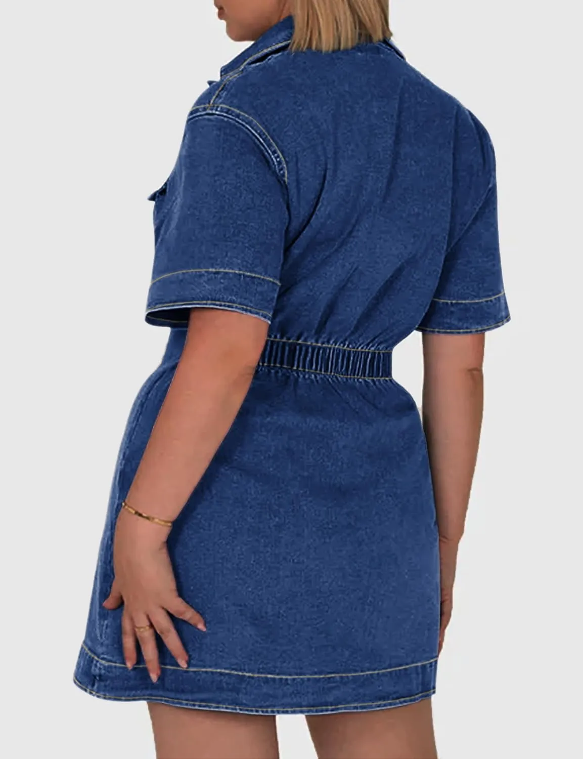 Denim Shirt Dress for Women Short Sleeve, Jean Stretch Button Down Dresses for Summer