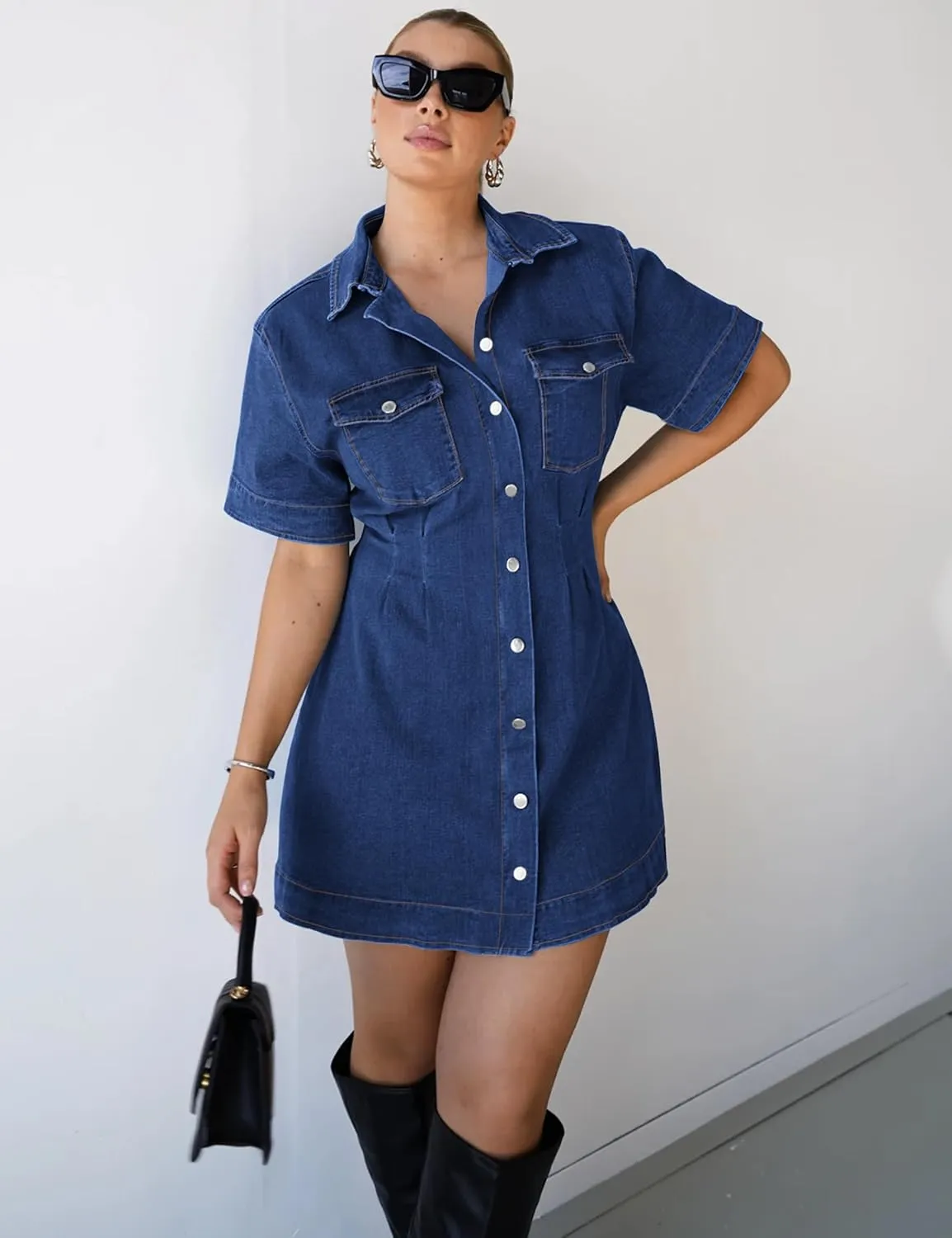 Denim Shirt Dress for Women Short Sleeve, Jean Stretch Button Down Dresses for Summer