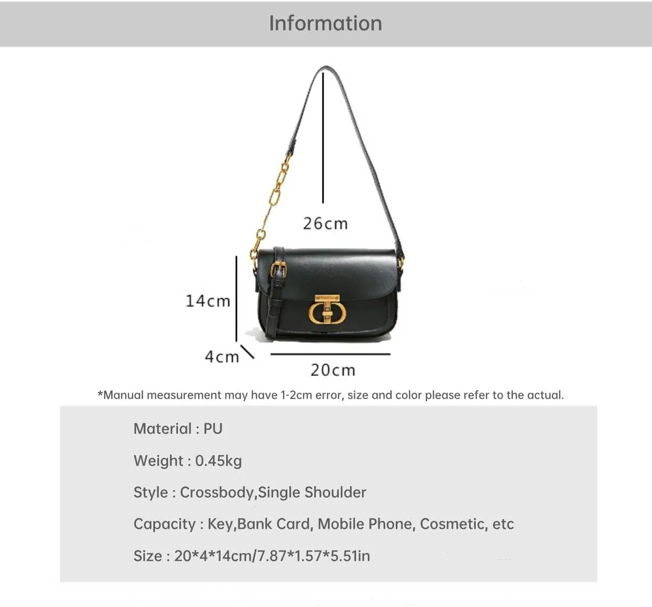 Designer Shoulder Bag with Chain Strap, Gold Hardware Small Square Purse