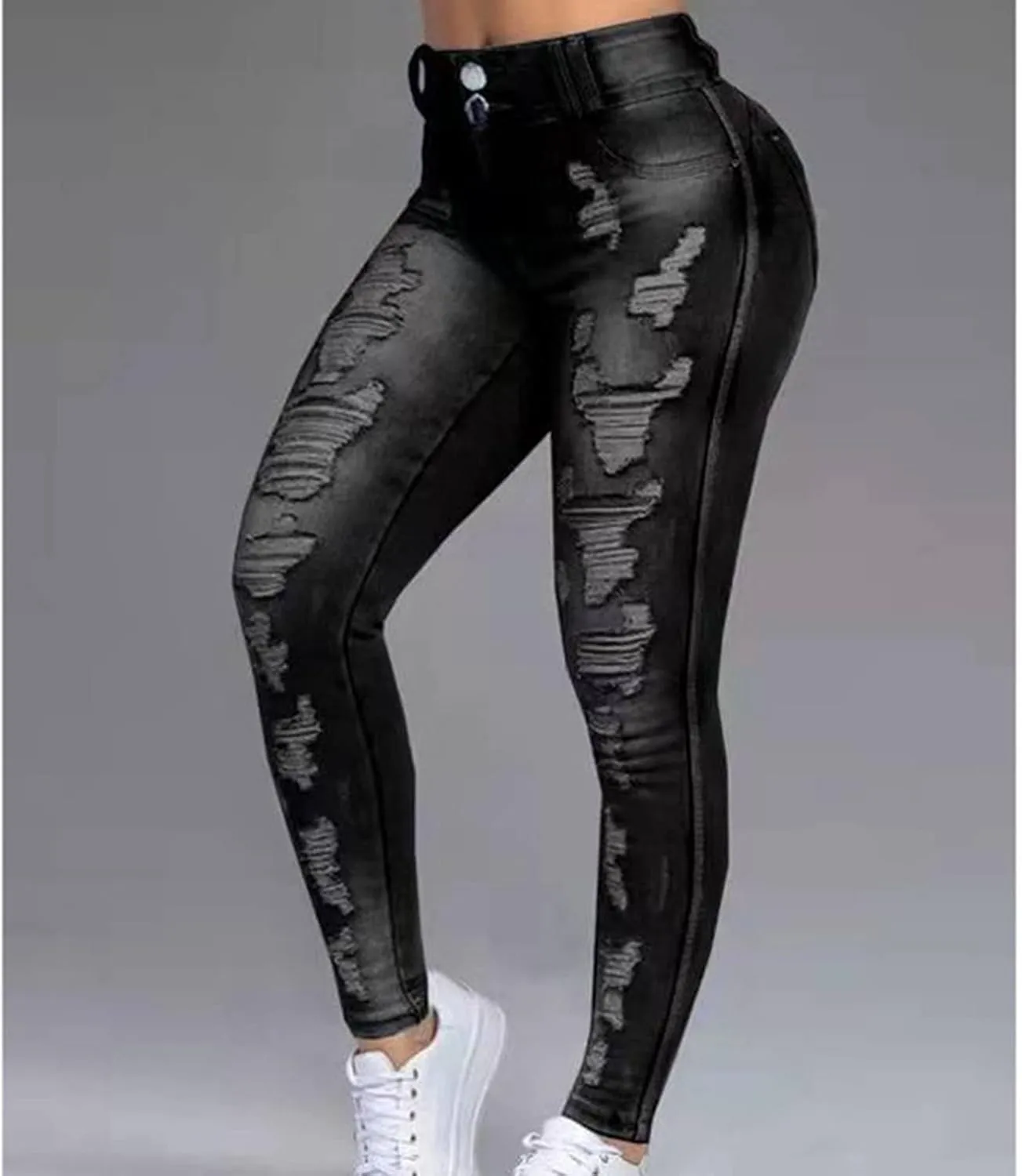 DGHM-JLMY Women's Scratch Ripped Skinny Jeans Distressed Butt Lifting Curvy Denim Pants Stretch Tight Destroyed Jeans