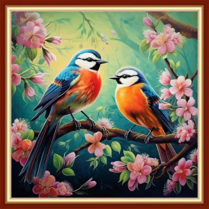 Disxvivy Cross Stitch Stamped Full Embroidery Kits DIY 11CT Cotton Thread Printed DIY Needlepoint Kits Craft Needlework Set Cross-Stitch Stamped Sets-Singing Birds Fragrant Flowers 18x18 inch