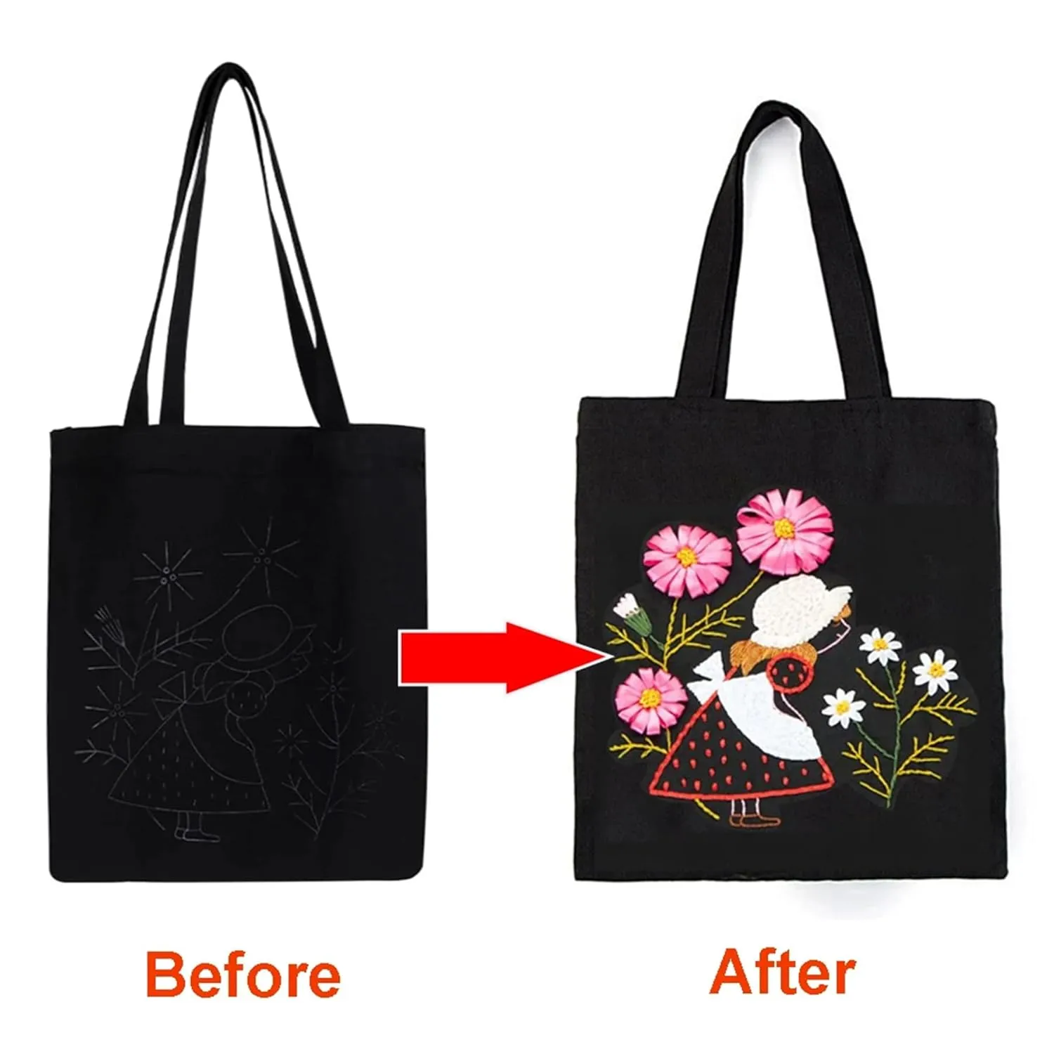 DIY Canvas Tote Bag Embroidery Kit with Flower Pattern – Beginner-Friendly Needlepoint Craft Supplies, Includes Embroidery Hoop, Thread, and Instructions for Personalized Handbag Design (01)