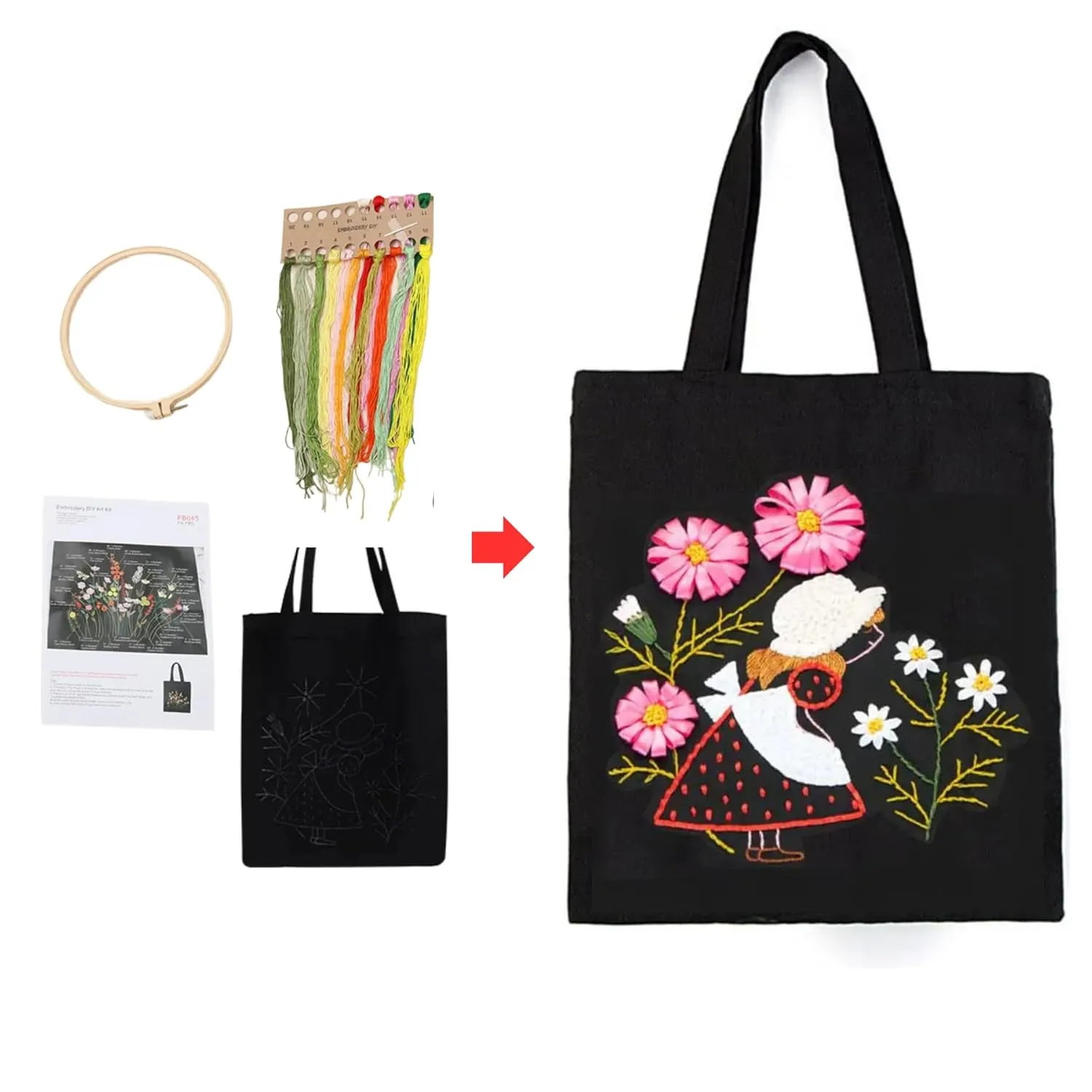 DIY Canvas Tote Bag Embroidery Kit with Flower Pattern – Beginner-Friendly Needlepoint Craft Supplies, Includes Embroidery Hoop, Thread, and Instructions for Personalized Handbag Design (01)