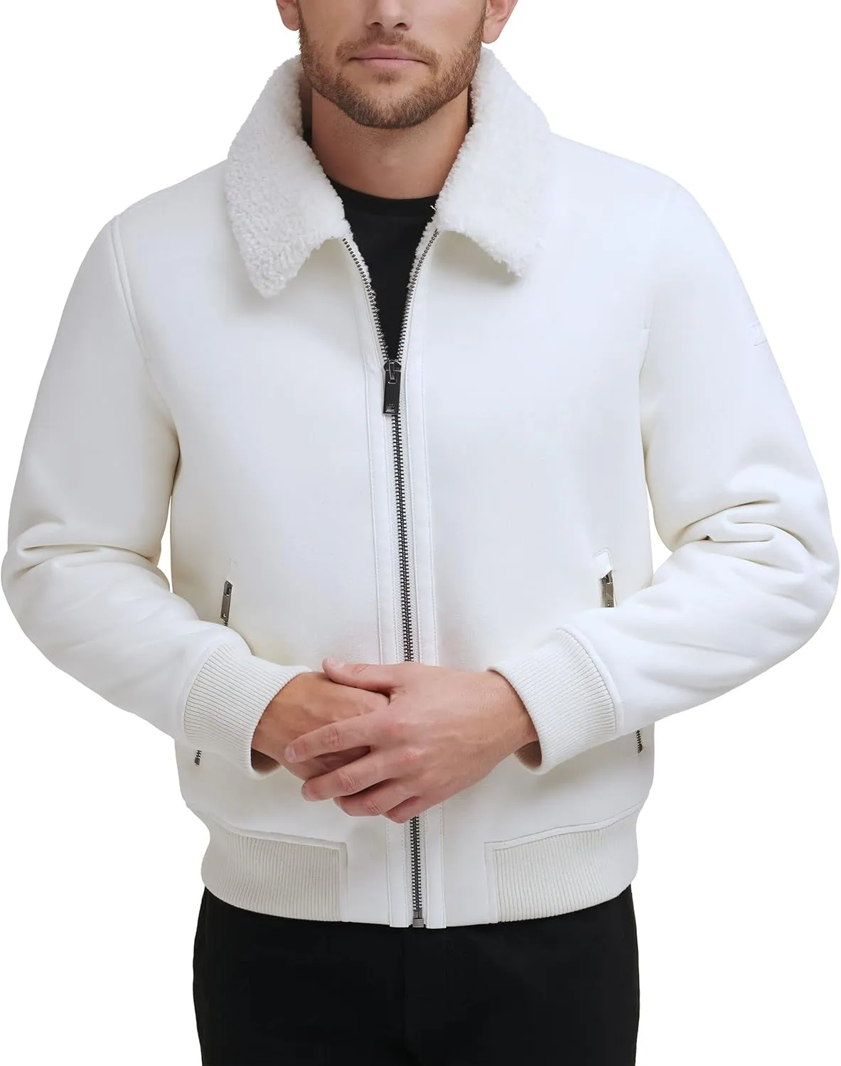 DKNY Men's Shearling Bomber Jacket with Faux Fur Collar