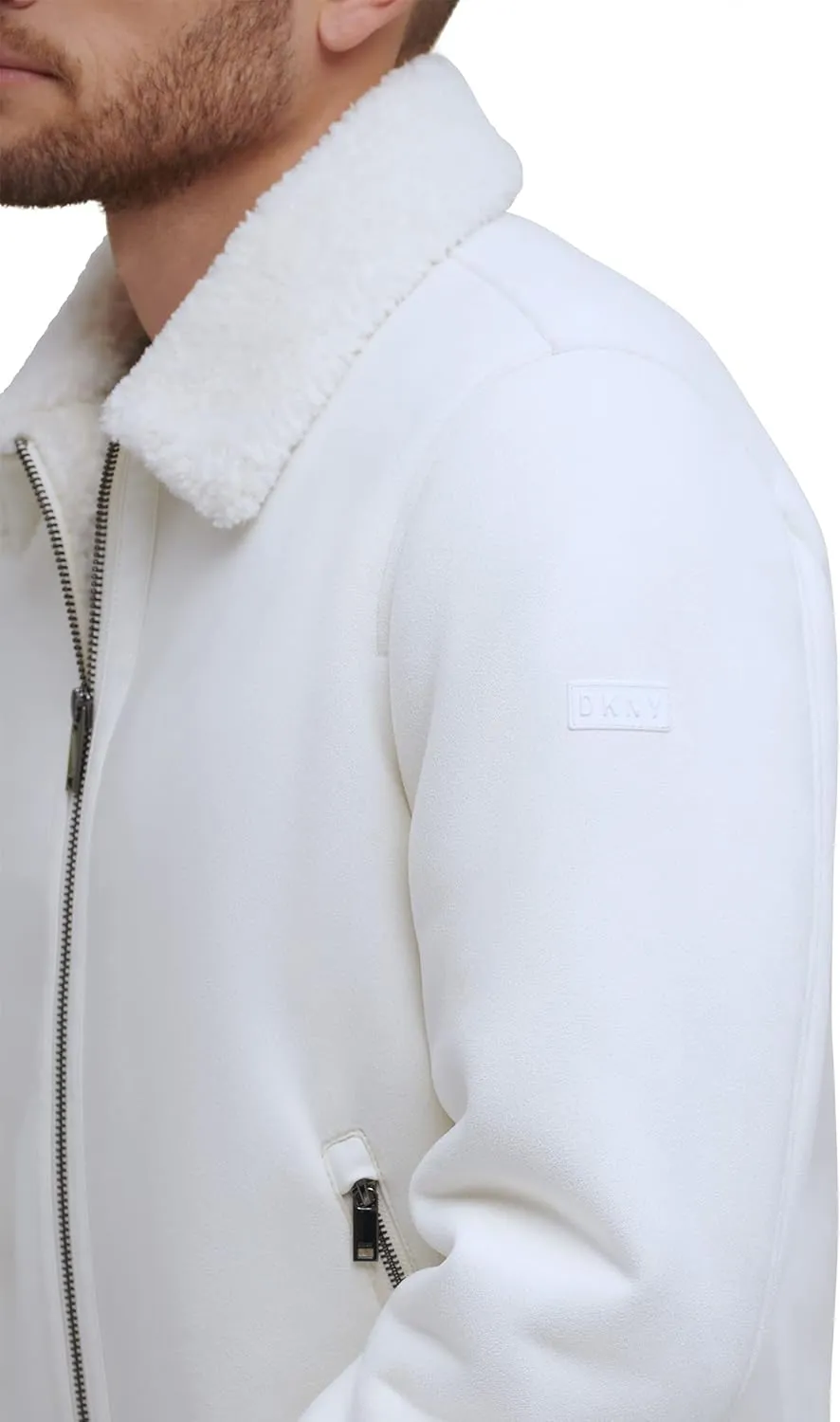 DKNY Men's Shearling Bomber Jacket with Faux Fur Collar