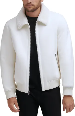 DKNY Men's Shearling Bomber Jacket with Faux Fur Collar