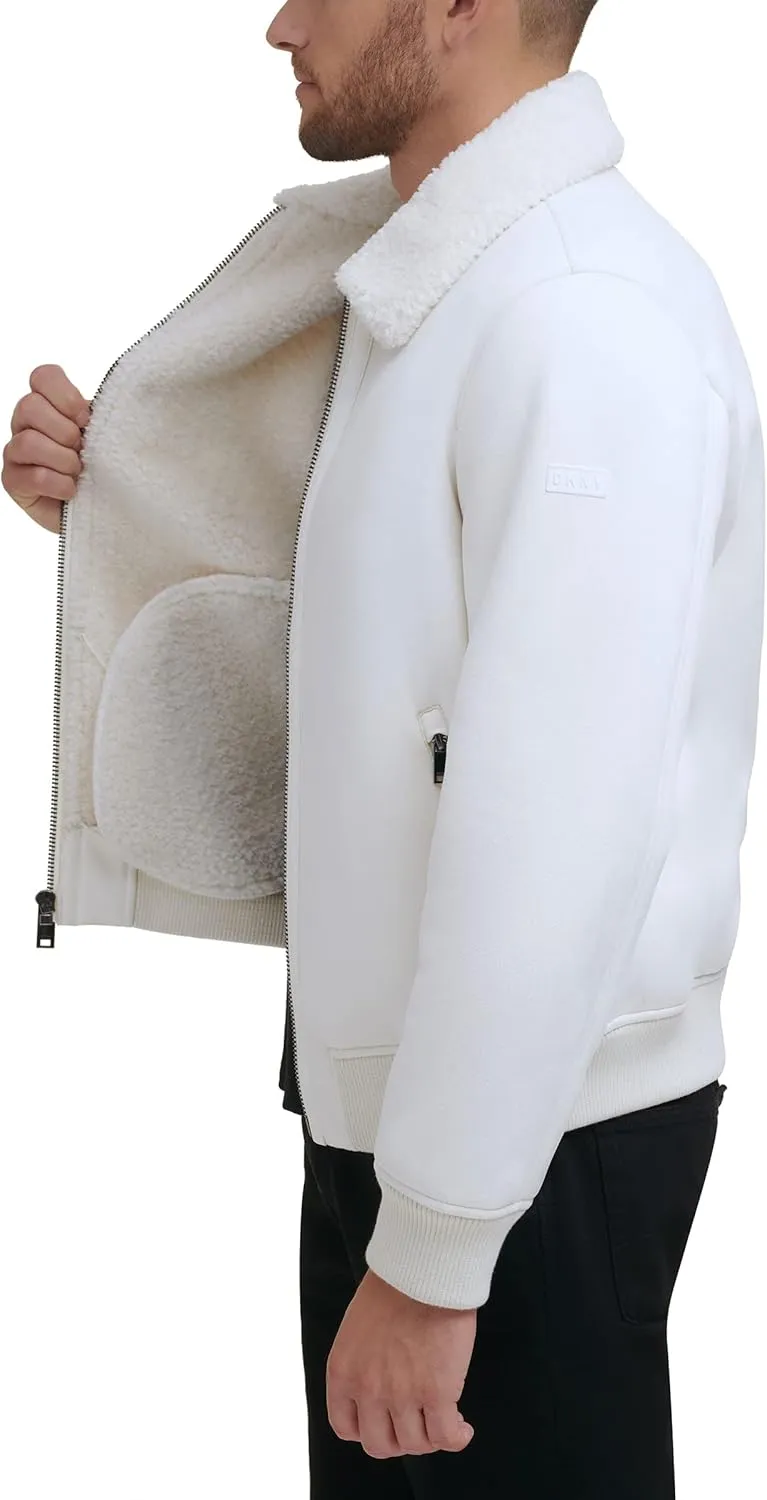 DKNY Men's Shearling Bomber Jacket with Faux Fur Collar
